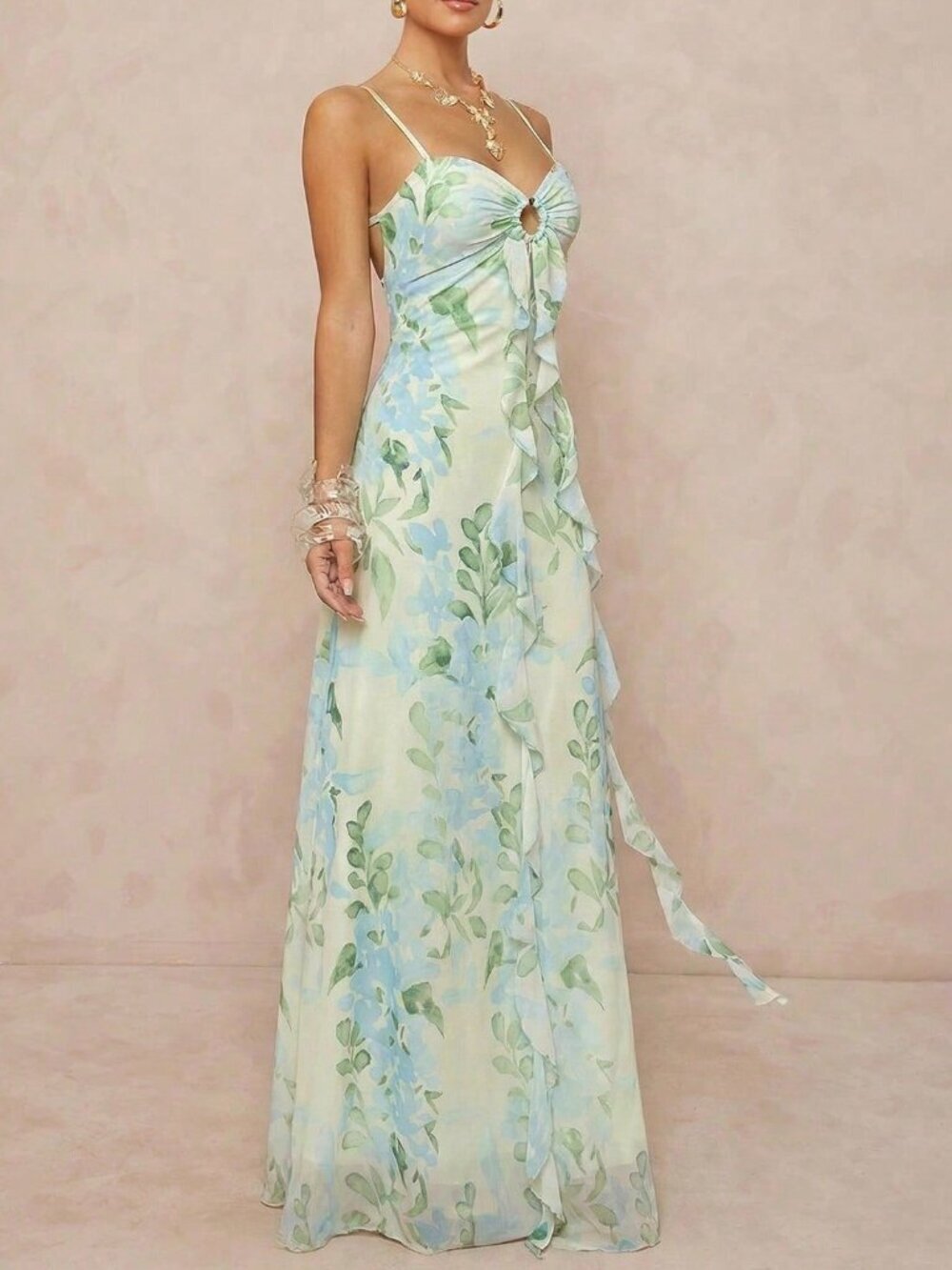 Multicolor Boho Women's Maxi Dress with Ruffle Overlay and Lace Back - Picture 5 of 6